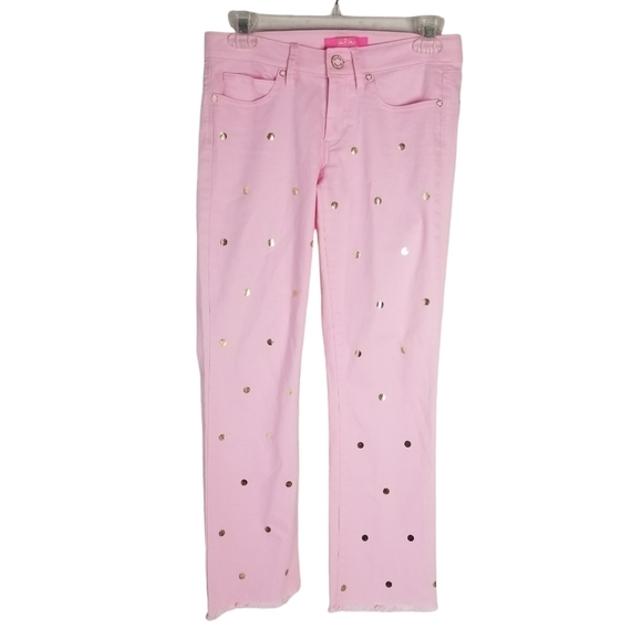 Lilly Pulitzer South Ocean Crop Flare Pink Tropics Polka Dot Denim Jeans Size 2 - Picture 2 of 15